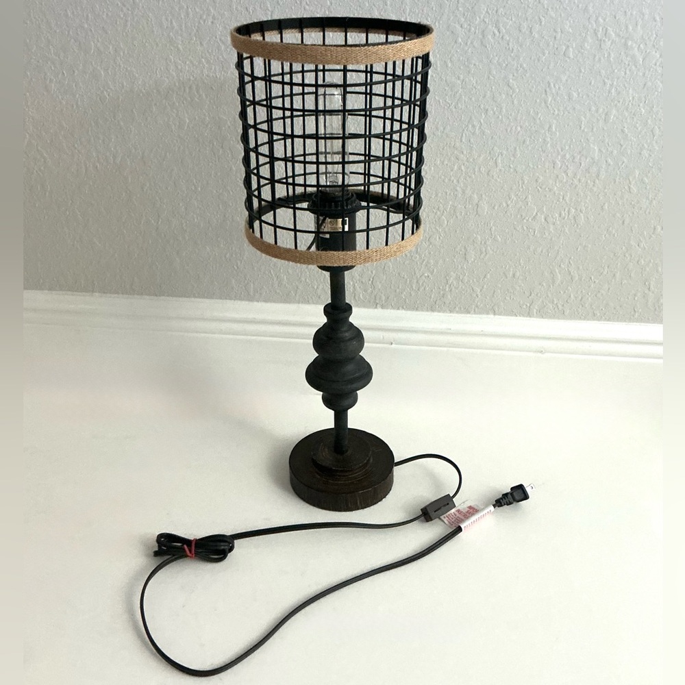 Farmhouse 20"H Black & Brown Metal and Burlap Cage Table Lamp - Picture 3 of 14